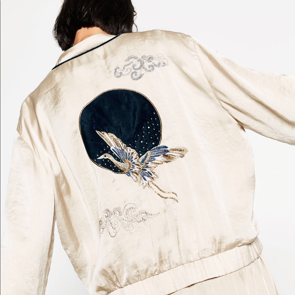 Zara Glossy Embroidered Bomber Jacket